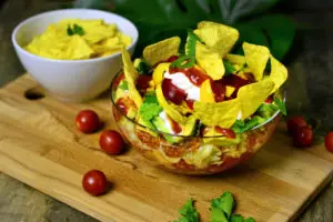 Mexican layered salad with soya mince