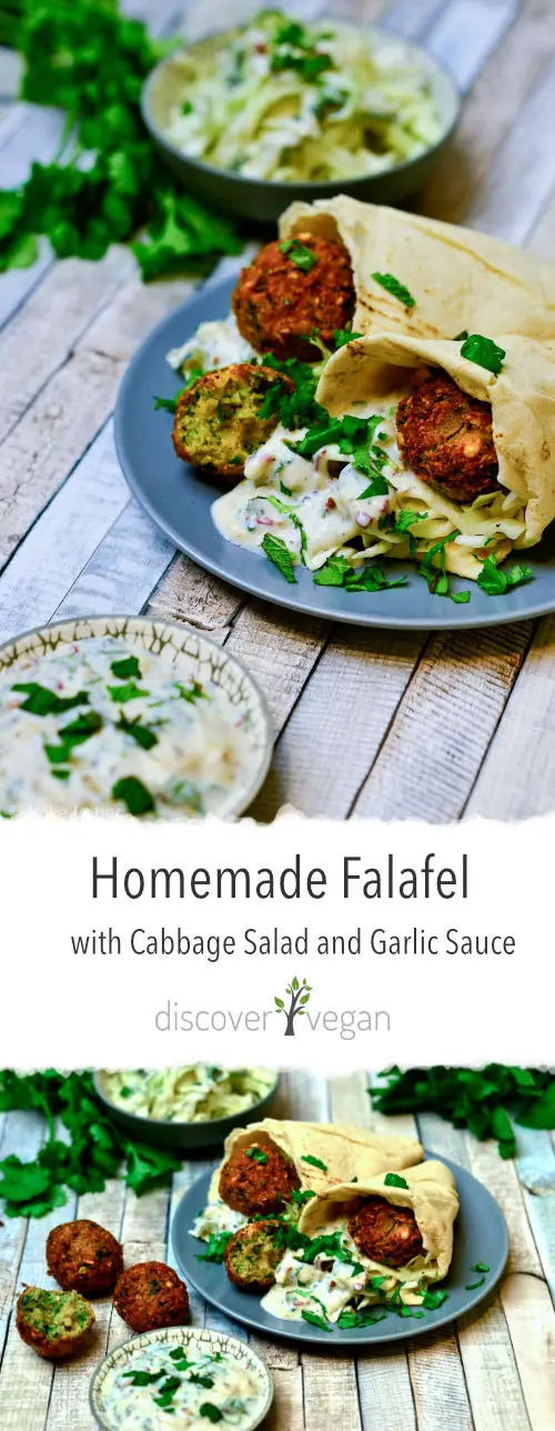 Homemade Falafel with Pointed Cabbage Salad and Vegan Garlic Sauce