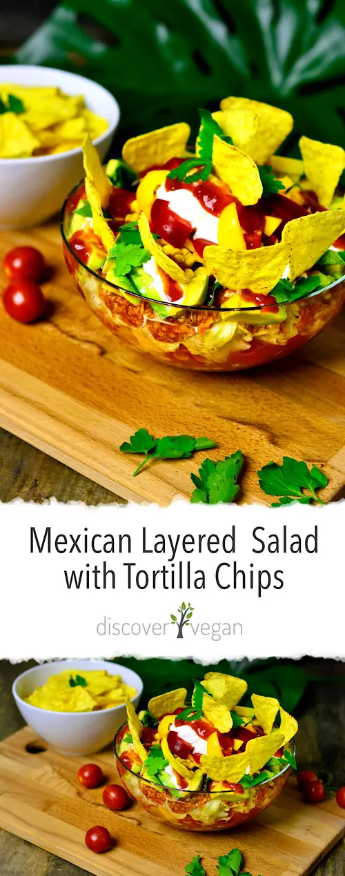 Vegan Mexican Layered Salad with Soy-Mince, Lettuce, Tomatoes, Pepper, Corn, Beans and Tortilla-Chips