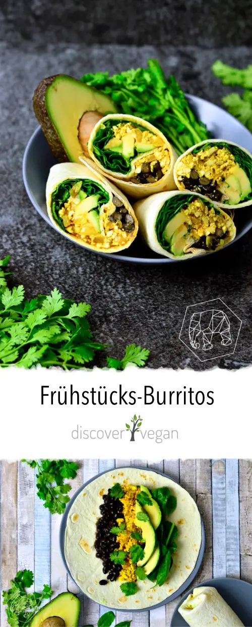 Vegane Mexikanische Frühstücks-Burritos mit Scrambled Tofu, Bohnen, Avocado und frischem Spinat