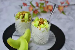 Melon-yoghurt dessert with almond brittle
