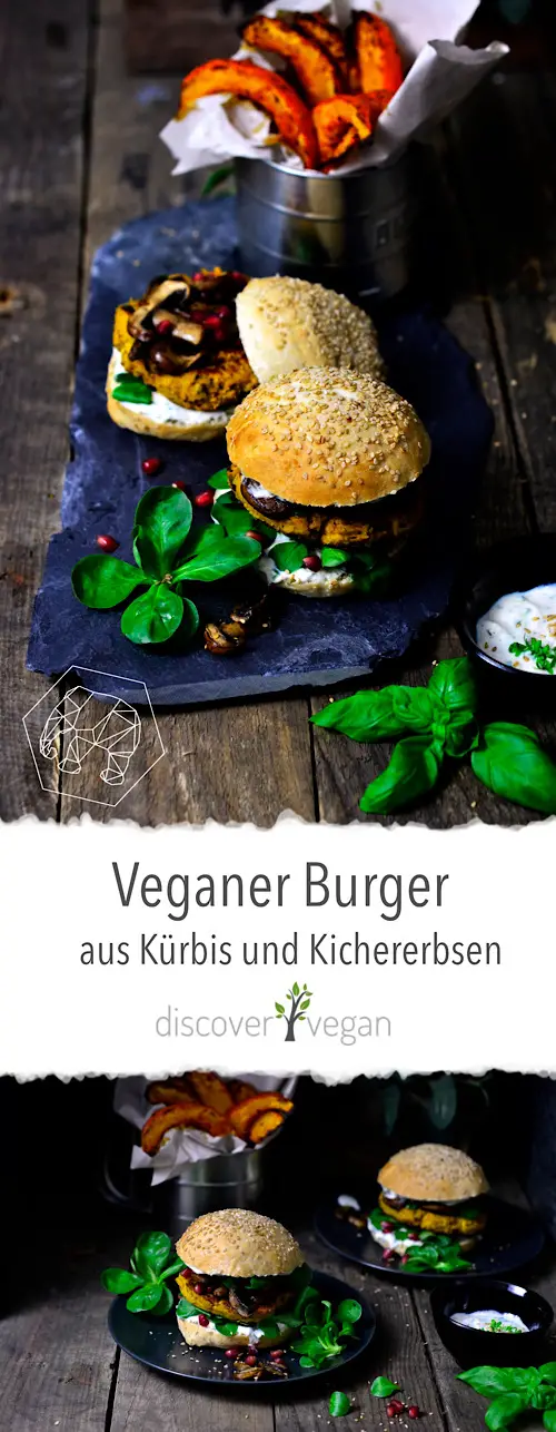 Veganer Kürbis-Kichererbsen-Burger mit Feldsalat und Granatapfelkernen