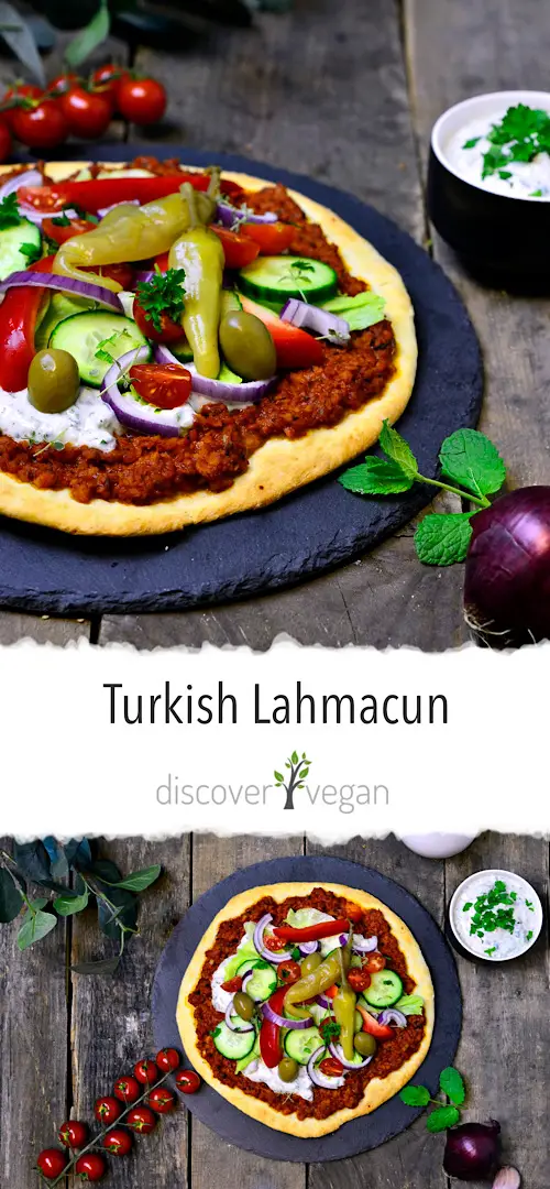 Vegan Turkish Lahmacun - Turkish Pizza with Soy Mince, Salad and Garlic Sauce