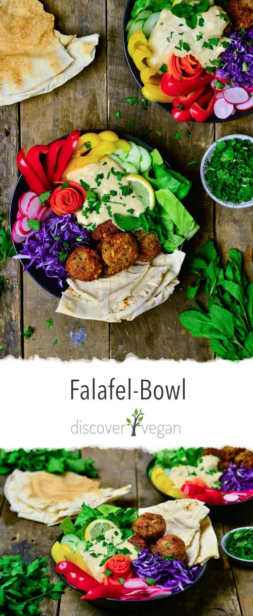 Falafel-Bowl mit selbstgemachtem Hummus und knackigem Gemüse
