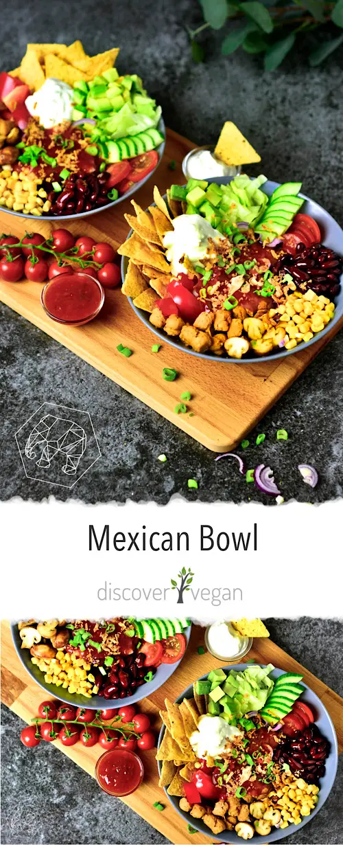 Vegan Mexican Bowl with Soy-Chunks, Corn, Beans, Mushrooms, Salat, Tortilla-Chips, Salsa and Vegan Sour Creme 