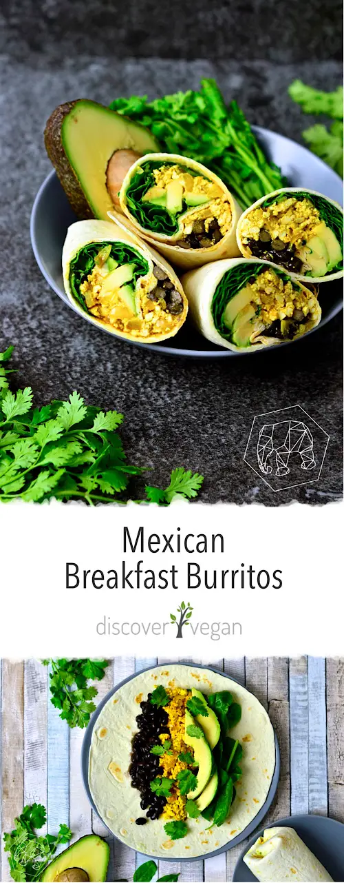 Vegan Mexican Breakfast Burritos with Scrambled Tofu, Black Beans, Avocado and Fresh Spinach