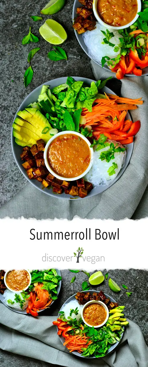 Summerroll Bowl with Peanut Sauce - vegan Asian bowl with tofu, glas noodles, lots of vegetables and a creamy sauce made of peanuts