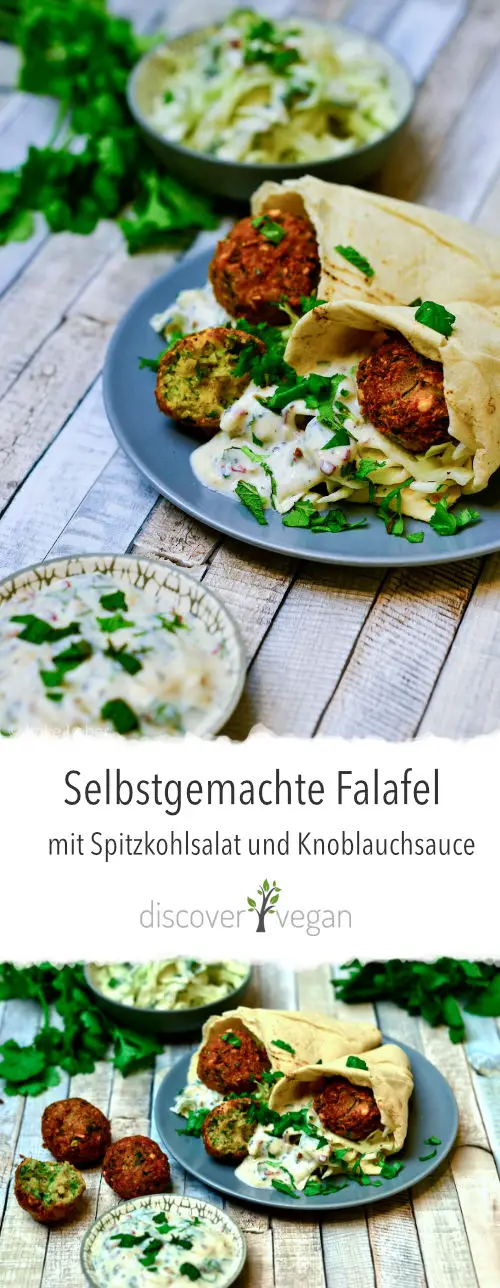 Selbstgemachte Falafel mit Spitzkohlsalat und veganer Knoblauchsauce