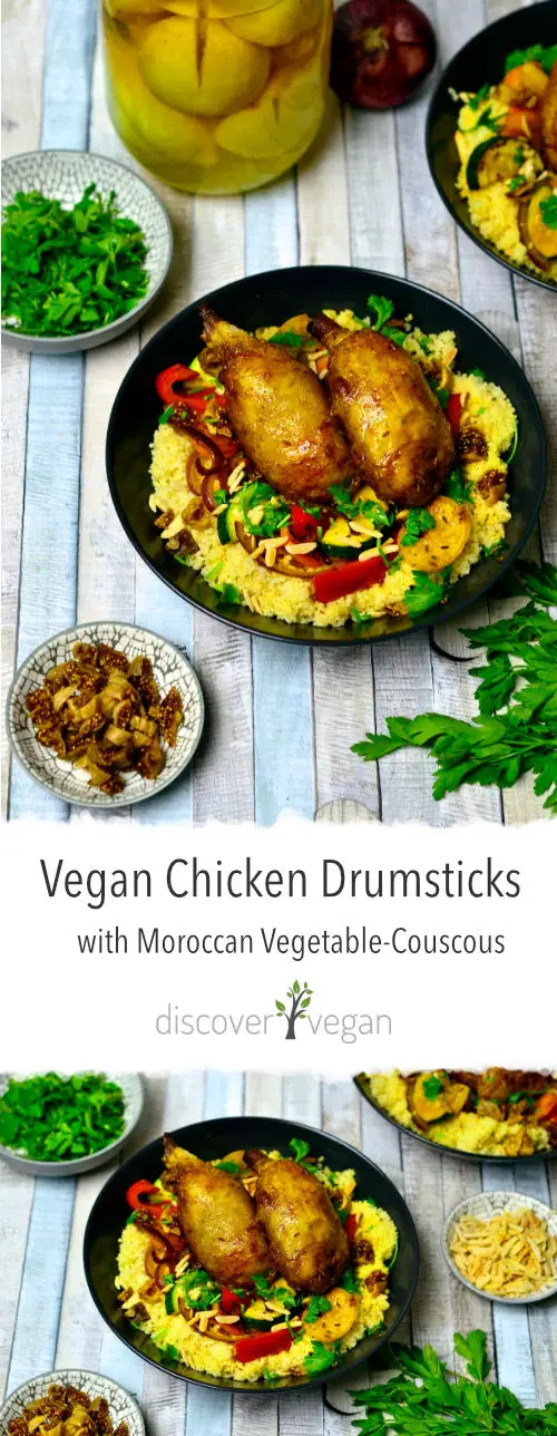 Vegan Chicken Drumsticks made of Jackfruit and Seitan with Morrocan Vegetable Couscous