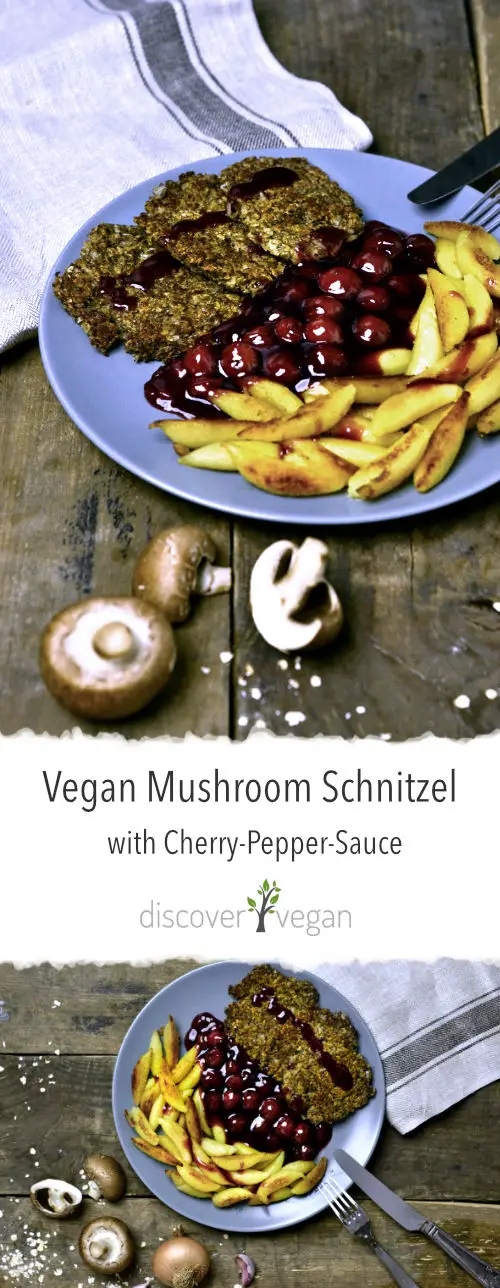 Vegan Mushroom Schnitzel with Cherry Pepper Sauce and Potato Noodles 